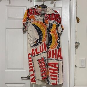 Aloha Graphic Surf Print Button-Up Shirt Dress